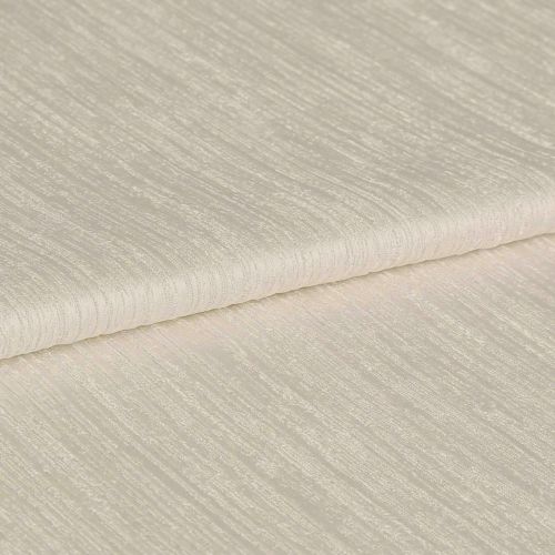 Folded cream, ribbed curtain fabric sample; tightly folded edge across the center, showing subtle horizontal textured stripes; close-up on a flat surface under soft, even studio lighting.
