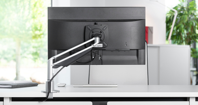 The unique, flexible arm design allows monitors to be displayed against a wall or in tight spaces.