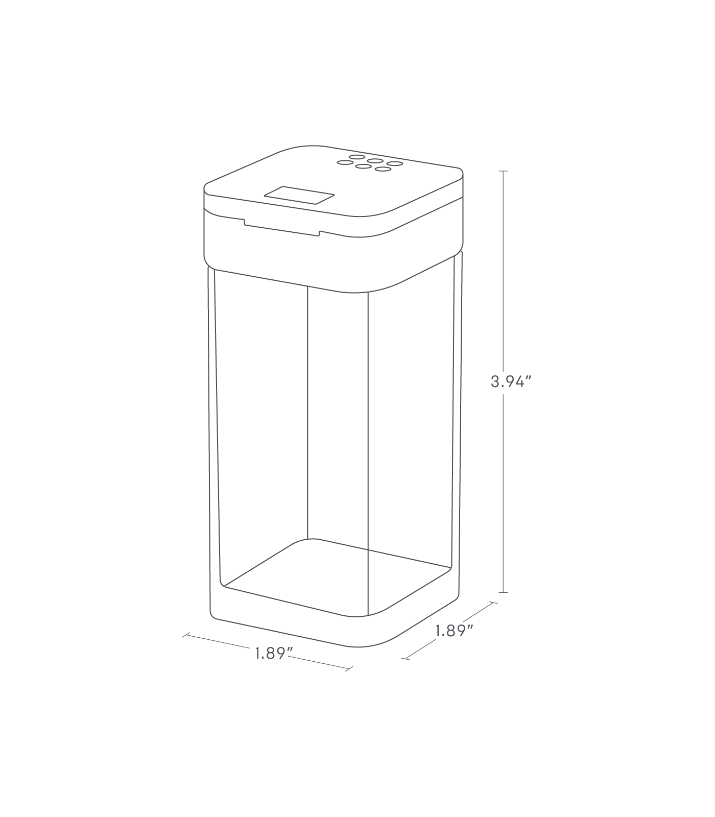 Dimension image for Spice Jaron a white background showinglength of 1.89 inches, width of 1.89 inches, height of 3.94 inches.