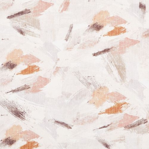 Linen-textured pastel brushstrokes sweeping diagonally, layered and partially transparent; soft peach, pink, ochre and muted brown marks overlay a creamy white background, suggesting gentle abstract decorative wallpaper.