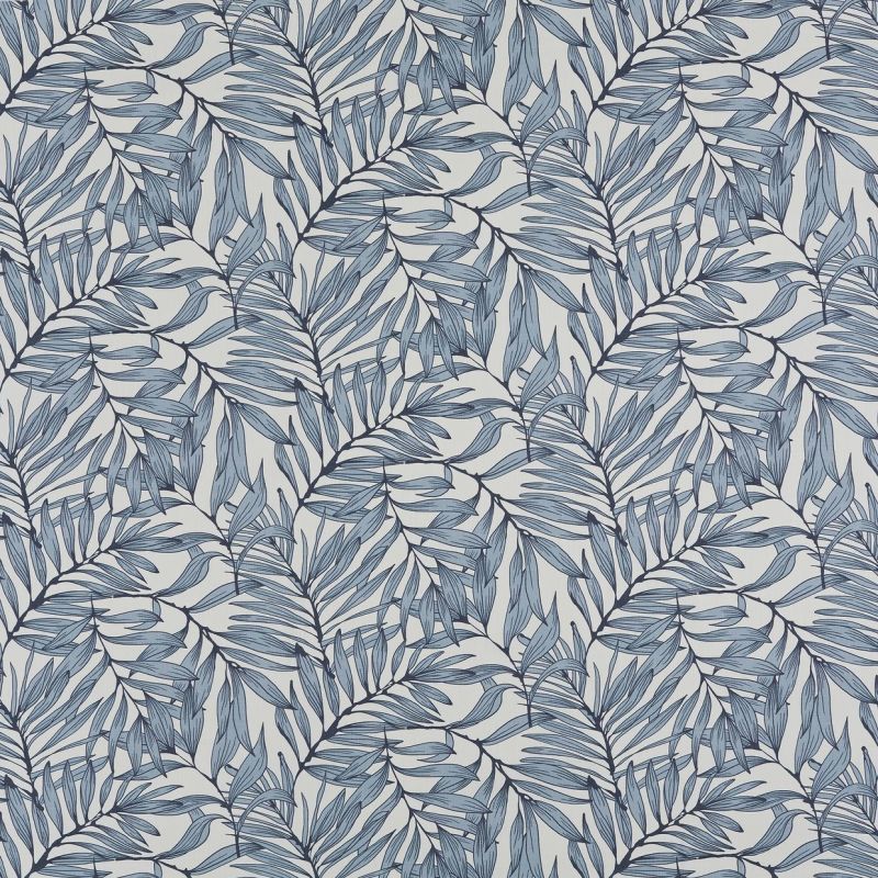 Wallpaper featuring overlapping hand-drawn blue palm leaves; repeating pattern covers the entire flat surface, set against a light neutral background with even, diffuse lighting.