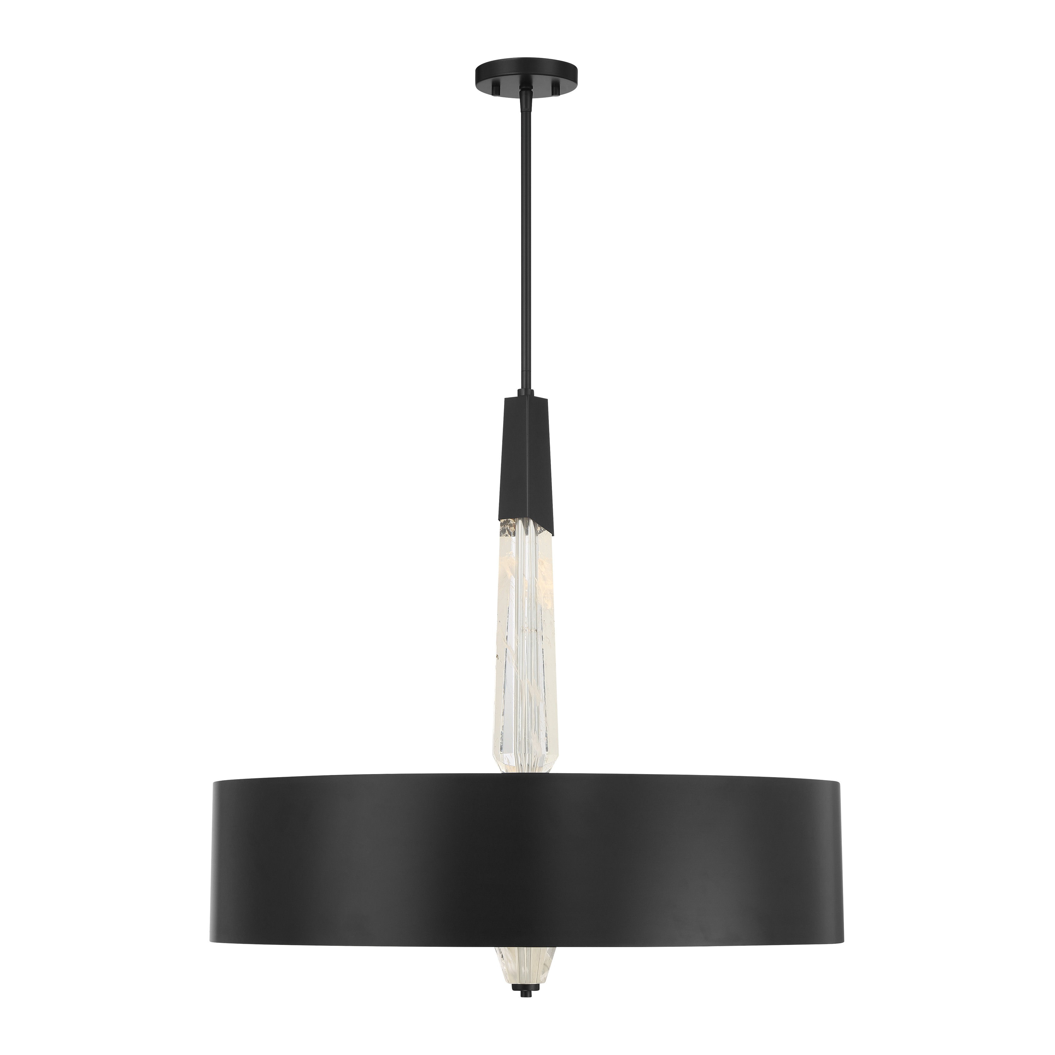 The Drifting Droplets pendant combines organic rock crystal elements with frosted glass shades in a striking 28-inch design. Five integrated LED lights provide warm, high-CRI illumination while the coal black finish adds contemporary edge. - alternate view