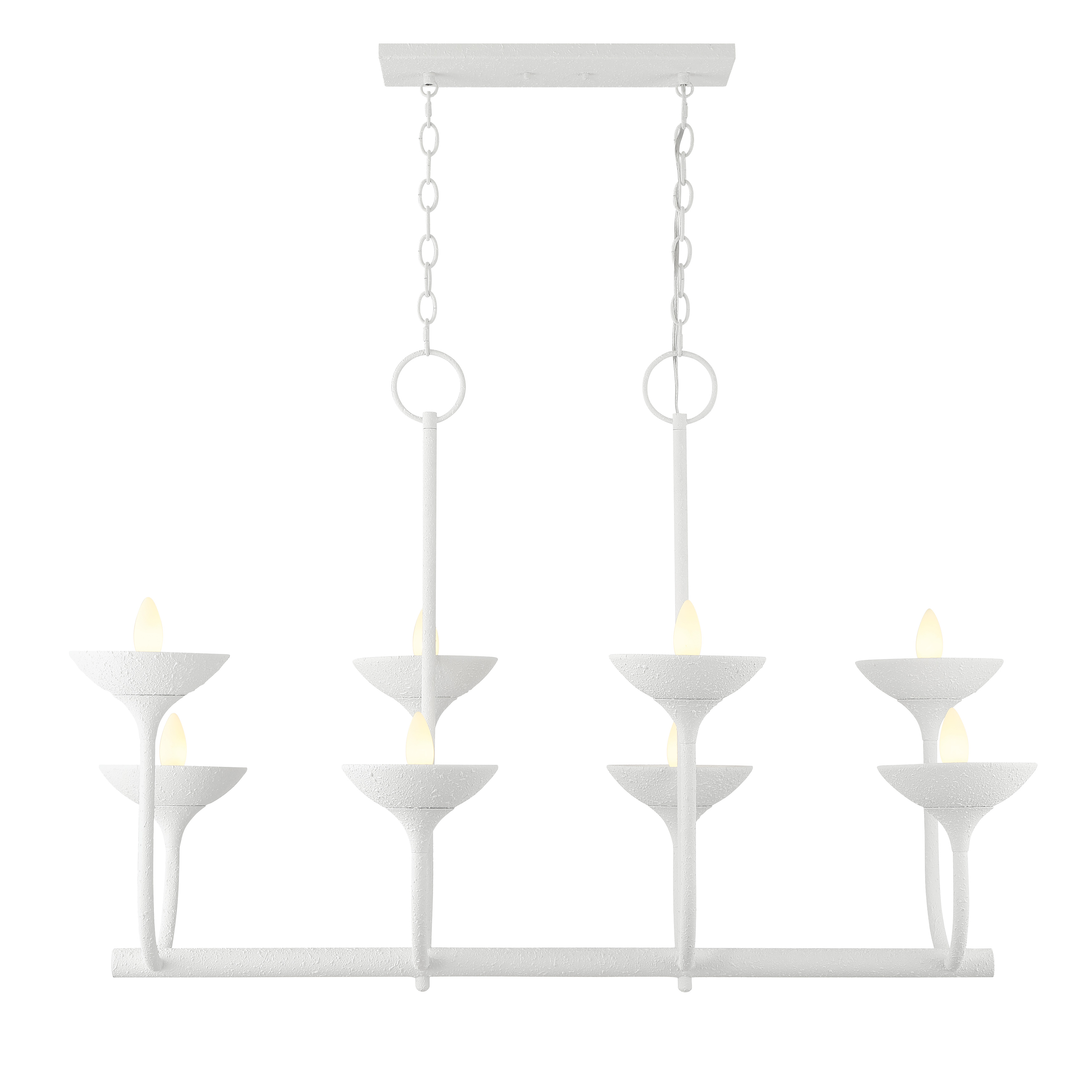 The Ryton 8-Light Island Chandelier combines clean modern lines with a sophisticated plaster white finish. Its generous 43-inch span and eight candelabra lights deliver both style and substantial illumination for kitchen islands and dining areas. - alternate view