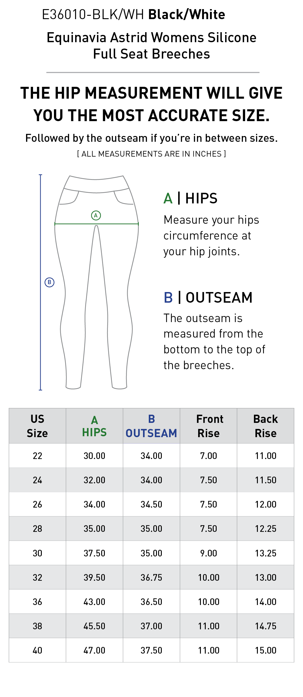 Size chart for Equinavia Astrid Womens Silicone Full Seat Breeches - Black/White