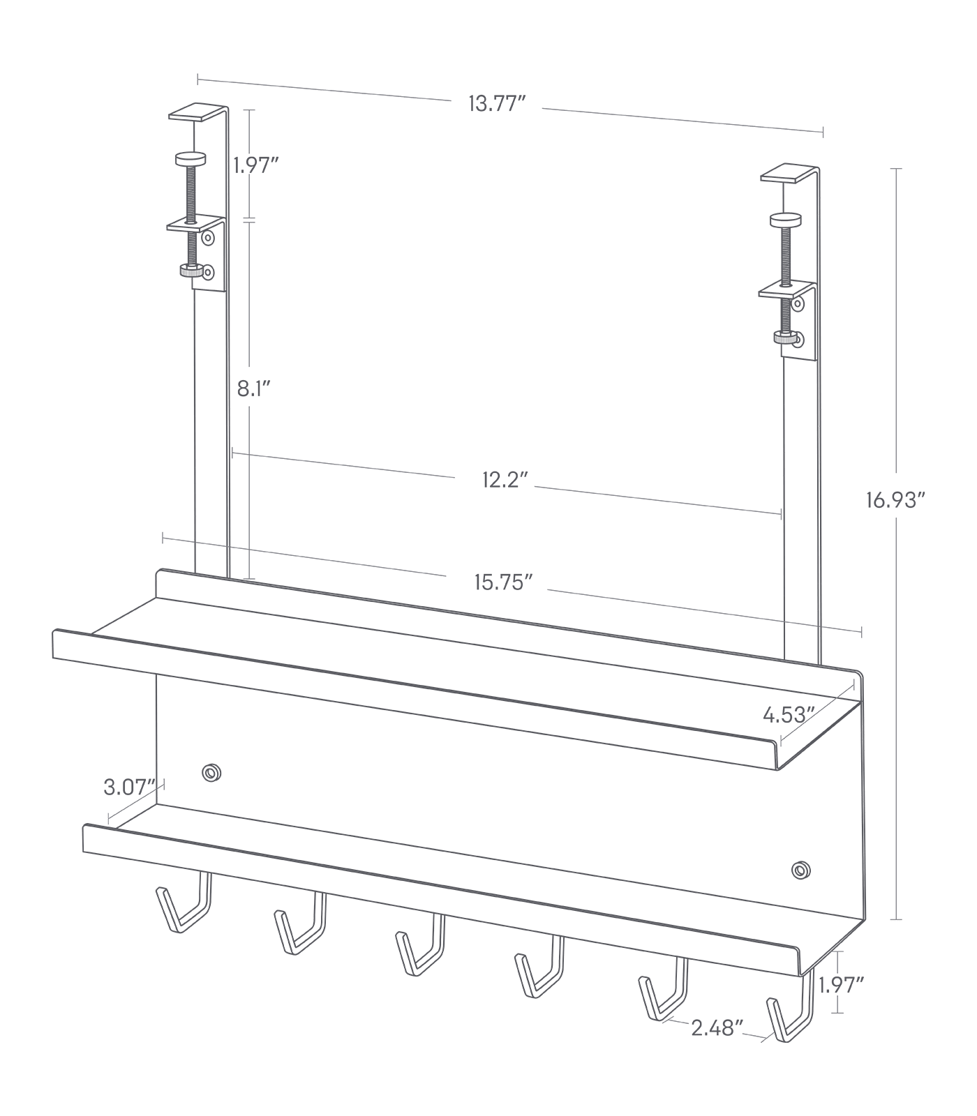Dimenision image for Under-Desk Cable & Router Storage Rackon a white background showing total width of 15.75 inches, length of 4.53 inches, height of 16.93 inches.From the top to the first screw hole shows height of 1.97 inches, and from the hole to the top shelf shows 8.1 inches. Between the top hook (including the hooks) shows width of 13.77 inches, and between the top hook (not including the hooks) shows width of 12.2 inches. The top shelf shows length of 4.53 inches and the bottom shelf shows length of 3.07 inches. Each bottom hook shows height of 1.97 inches and the between of each hook shows 2.48 inches.
