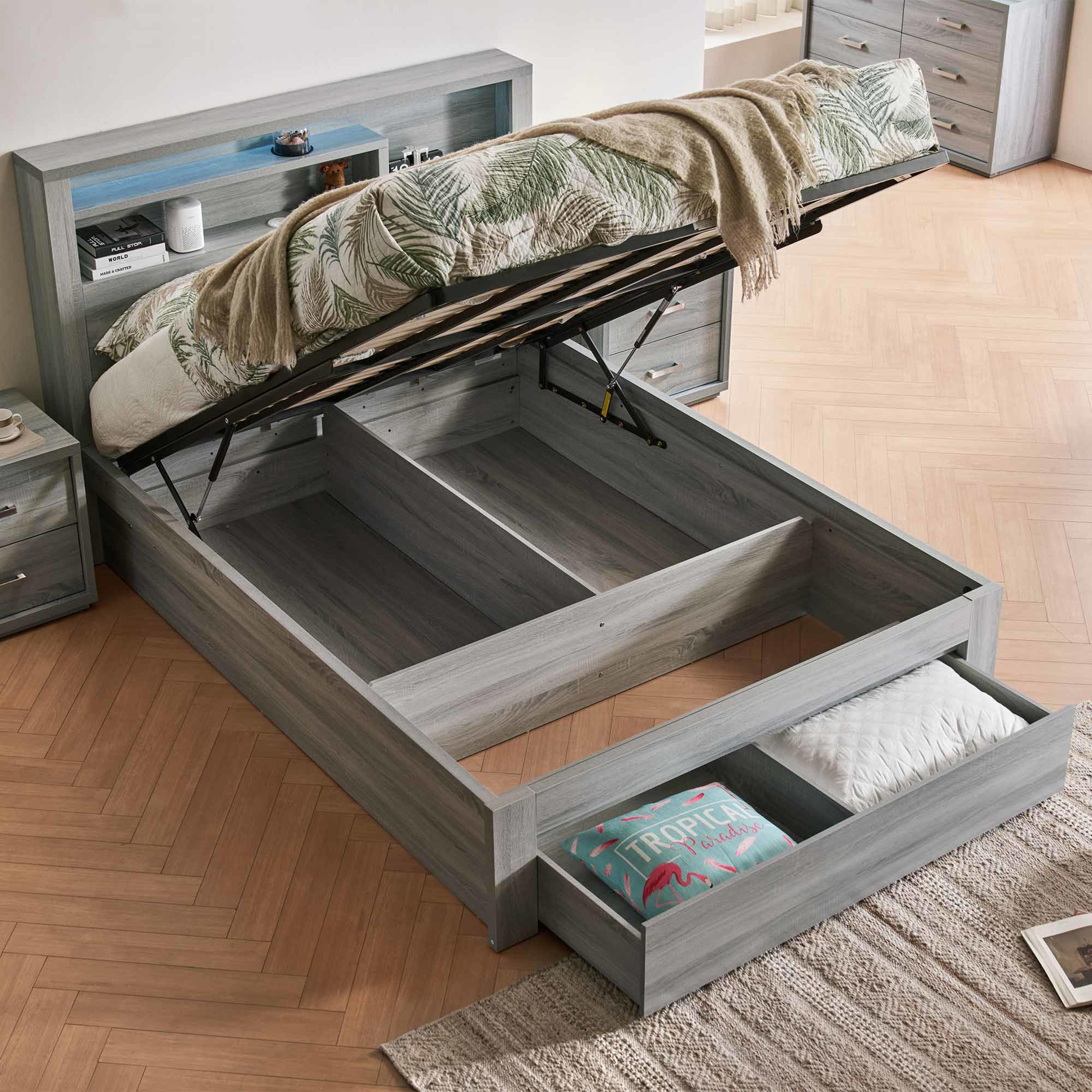 Lifestyle image of the  Bellevue Bed Frame, Front Slat Gas Lift & End Drawer Base, Cement Grey from Forty Winks