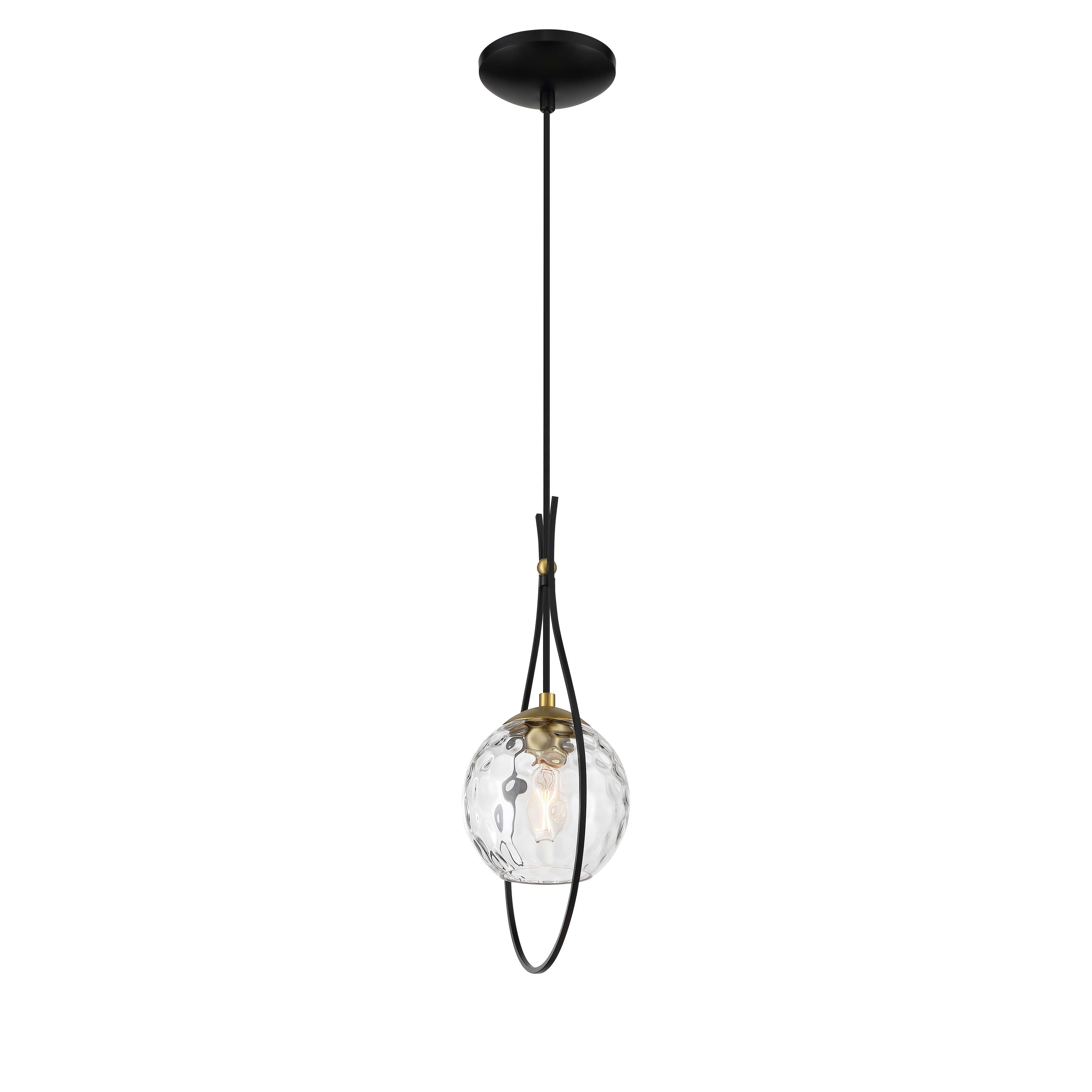 The Cody mini pendant combines coal black finish with soft brass accents and clear water glass for a refined industrial look. Its compact 8.63-inch width makes it perfect for smaller spaces or grouped installations. - alternate view