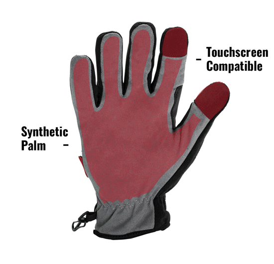 Fleece Lined Tundra Touchscreen Screen Gloves in Black and Gray TUNF showing Touchscreen Compatible and Synthetic Palm