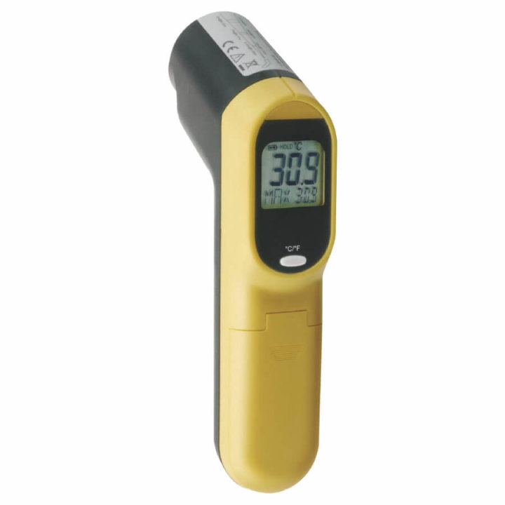Infrared thermometer 17 cm plastic with laser pointer in black and yellow