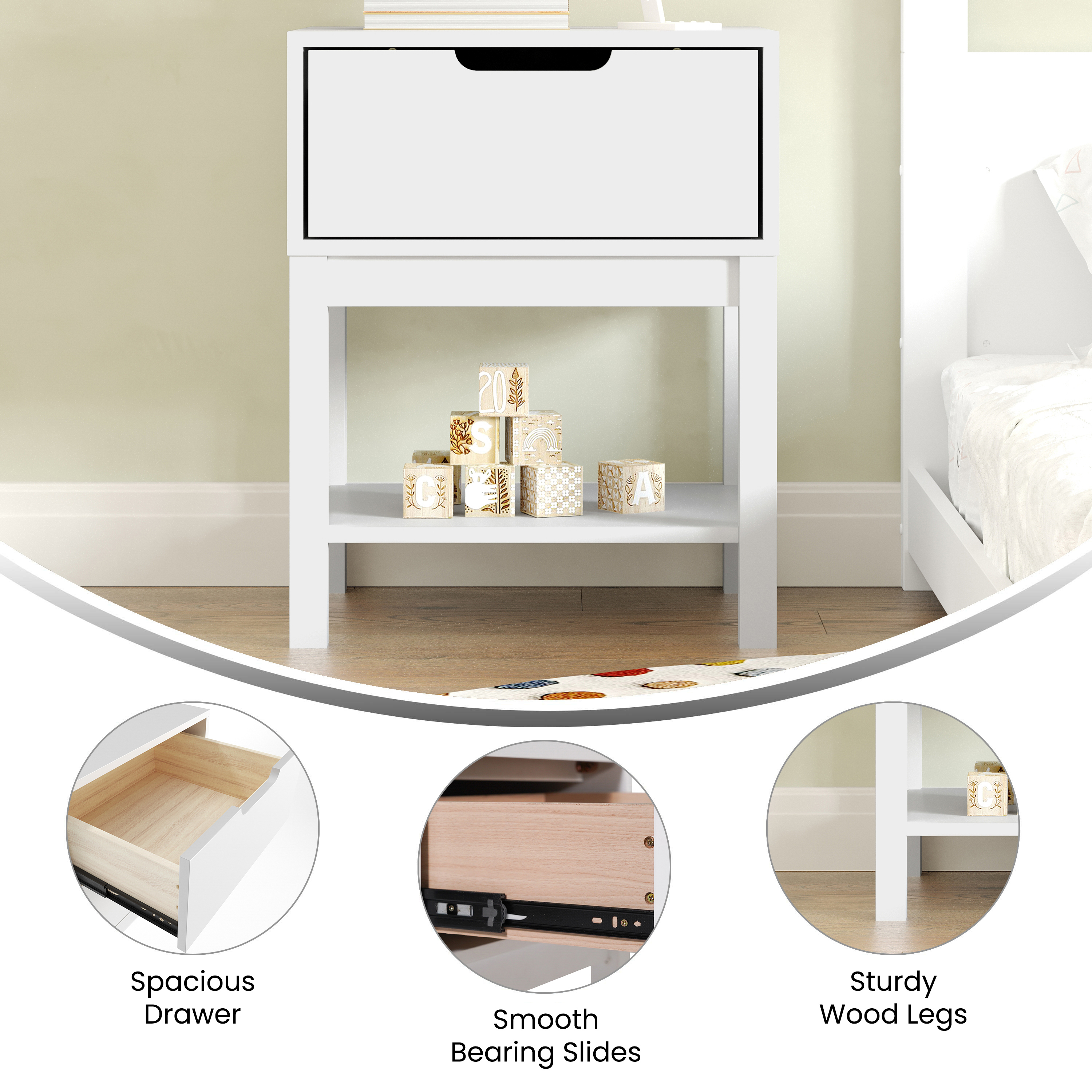 Samuel Kids Single-Drawer Night Stand with Gray Solid Wood Frame, Side Table ... - Picture 14 of 21