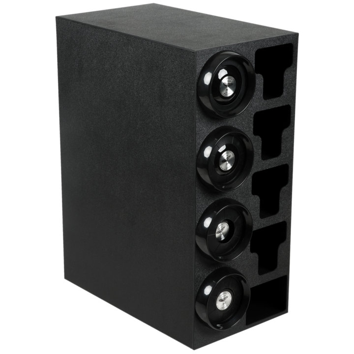 Countertop dispenser 4x2 cabinet with four INC-80 adjustable gasket cup dispensers, four T-lid holders, and one wrapped straw holder in black
