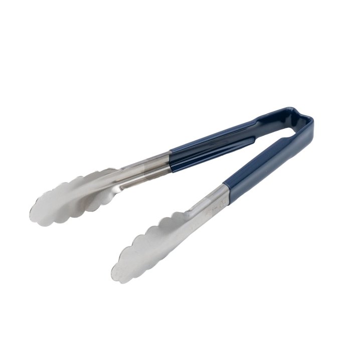 9 ½-inch stainless steel one-piece scalloped tongs with blue Kool-Touch® handle