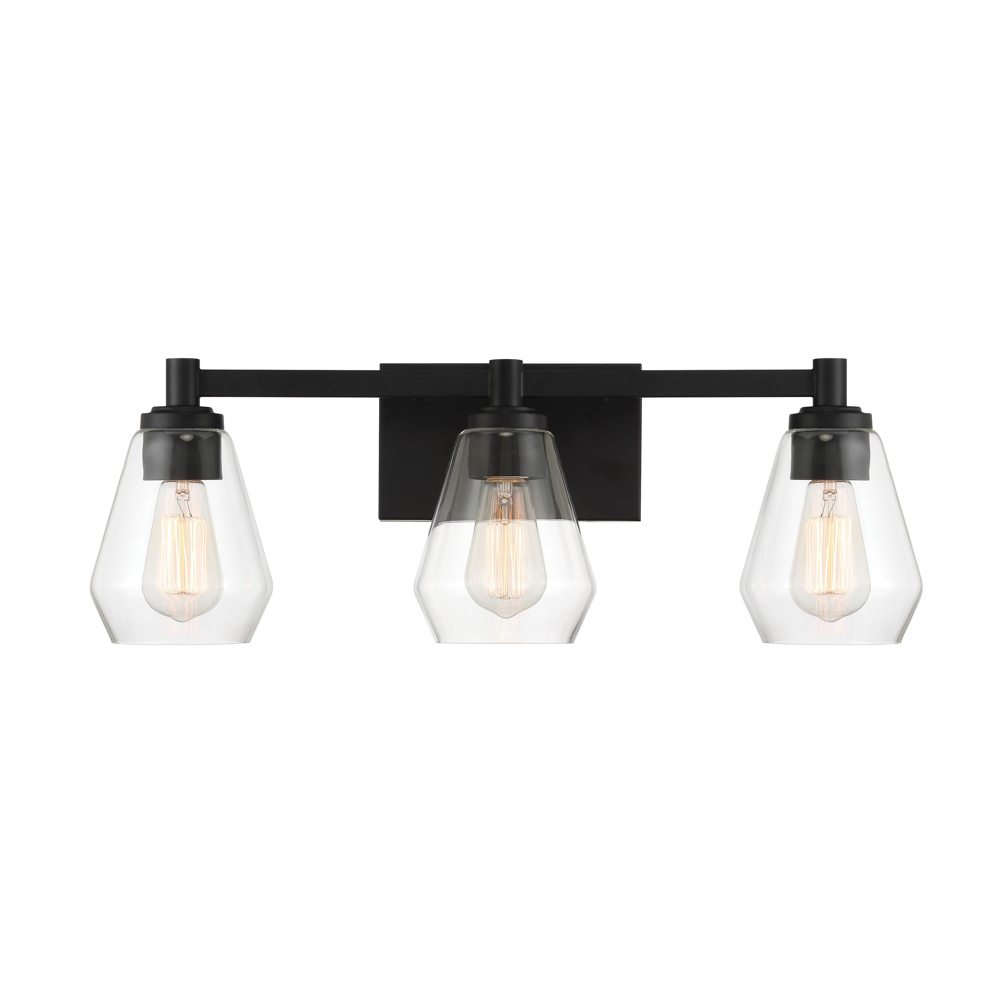 The Clarity 3-Light Bath Vanity combines contemporary design with practical functionality. Its coal black finish and clear glass shades create a sophisticated look perfect for modern bathrooms. - alternate view