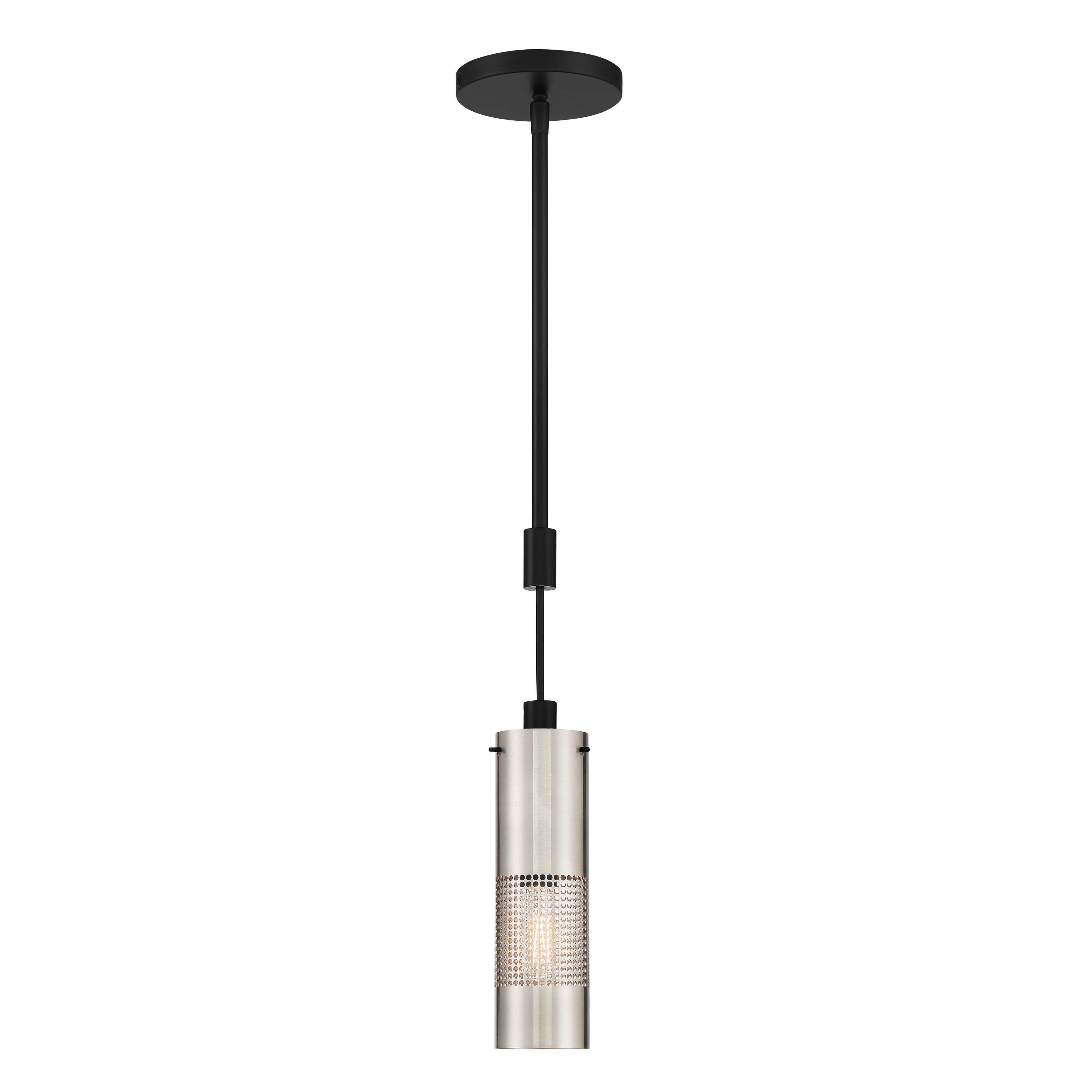 The Grid 3 mini pendant combines brushed nickel with coal highlights in a compact 3.25-inch geometric cage design. Perfect for task lighting or clustered installations, this dimmable fixture adds industrial-modern character to tight spaces. - alternate view