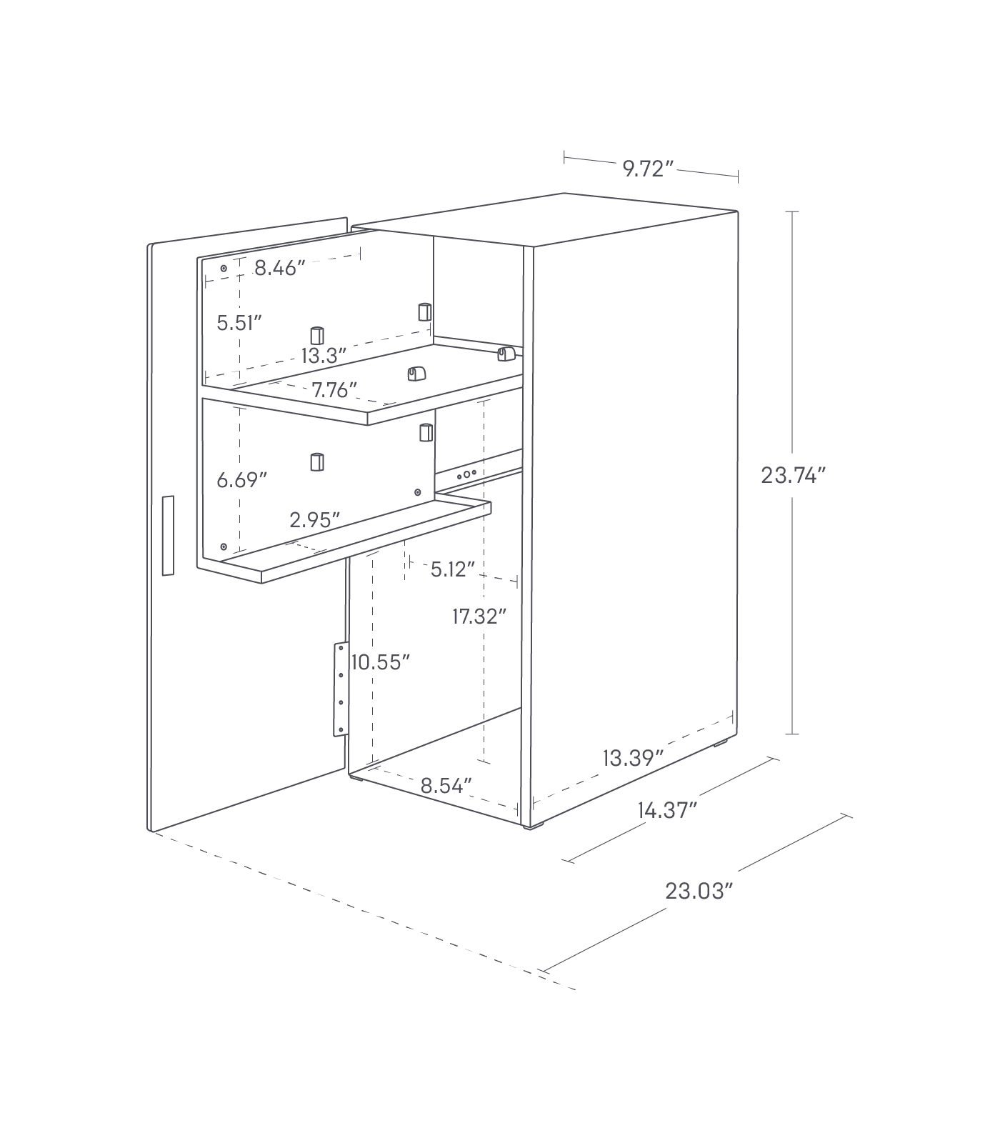 Dimension image for Video Game Storage Cabinet showing dimensions: height 23.74", width 9.72", depth 23.03", upper shelf height 5.51", middle shelf depth 13.39", bottom shelf depth 17.32", drawer width 8.54", drawer interior width 8.46", drawer interior depth 13.3", and small drawer height 10.55