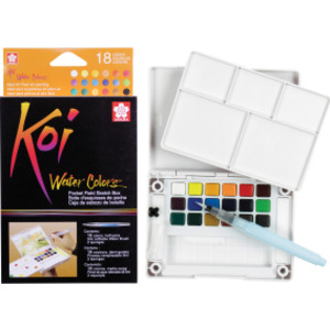 Koi Water Colors Field Sketch Box with Brush, 18 Colors