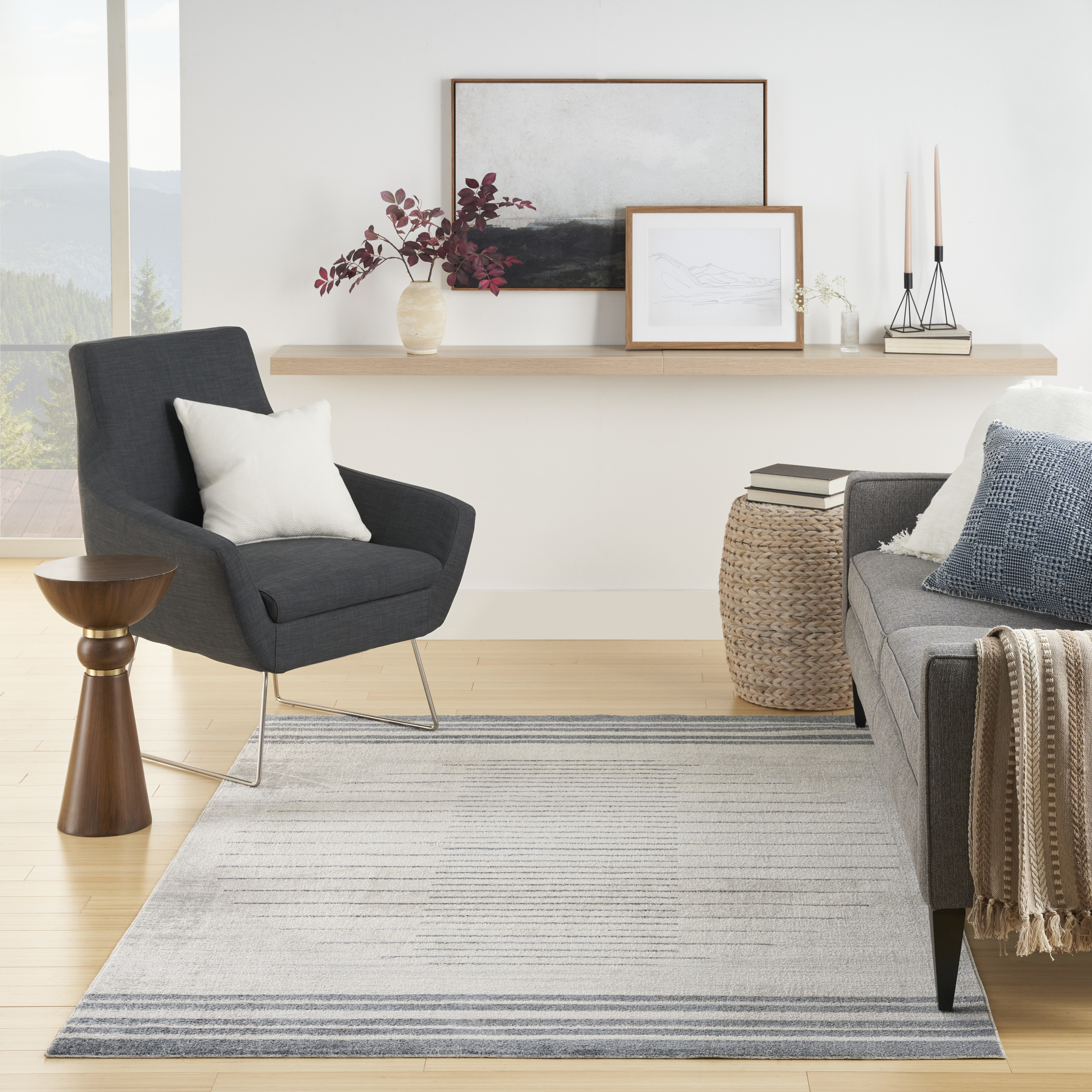 Nourison Astra Machine Washable 5'3" x 7' Ivory Blue Mid-Century Modern Indoor Rug