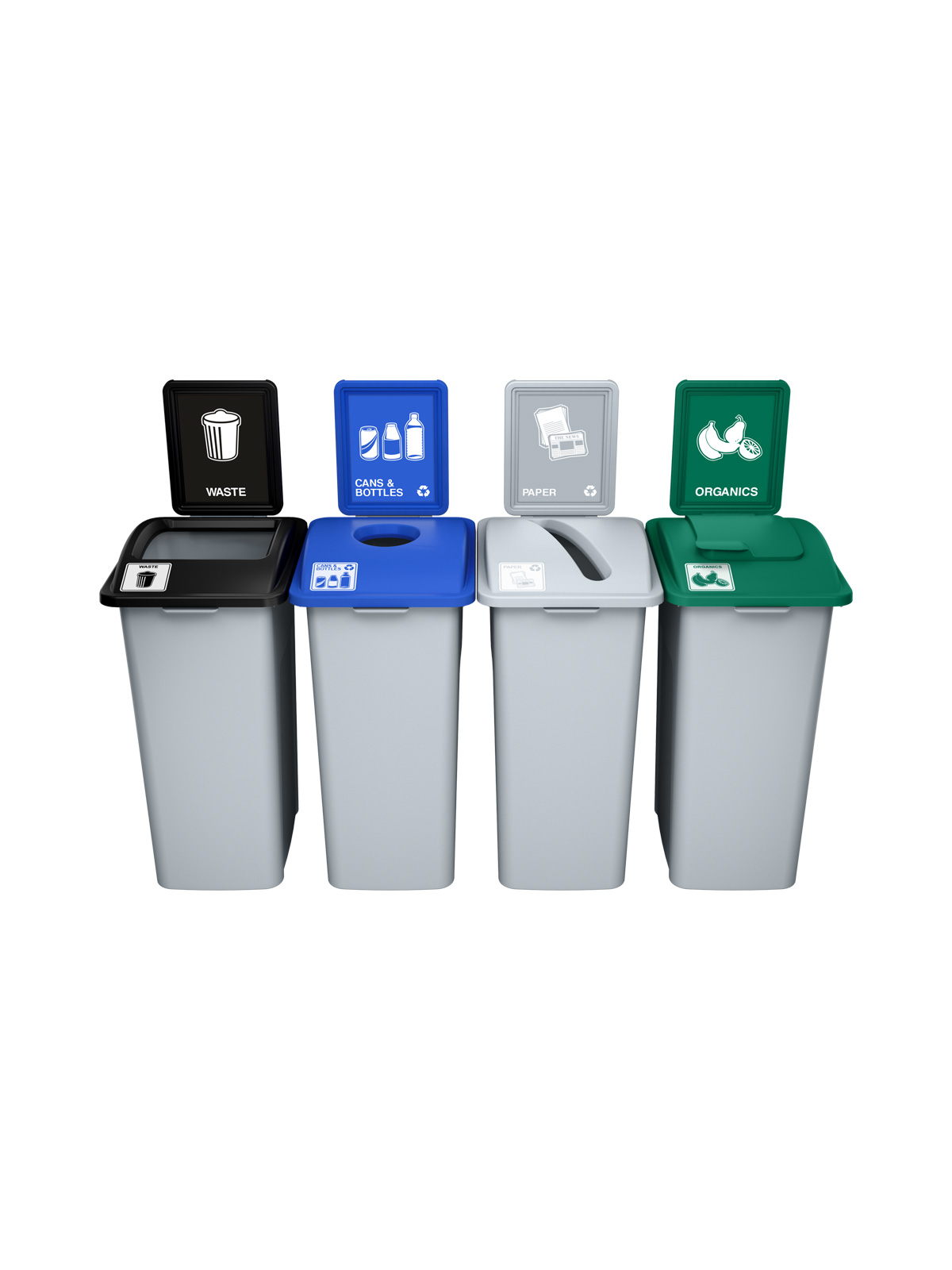 WASTE WATCHER – Quad – Kit – Xl – Waste-Cans & Bottles-Paper-Organics – Full-Circle-Slot-Solid Lift – Grey-Black-Blue-Grey-Green