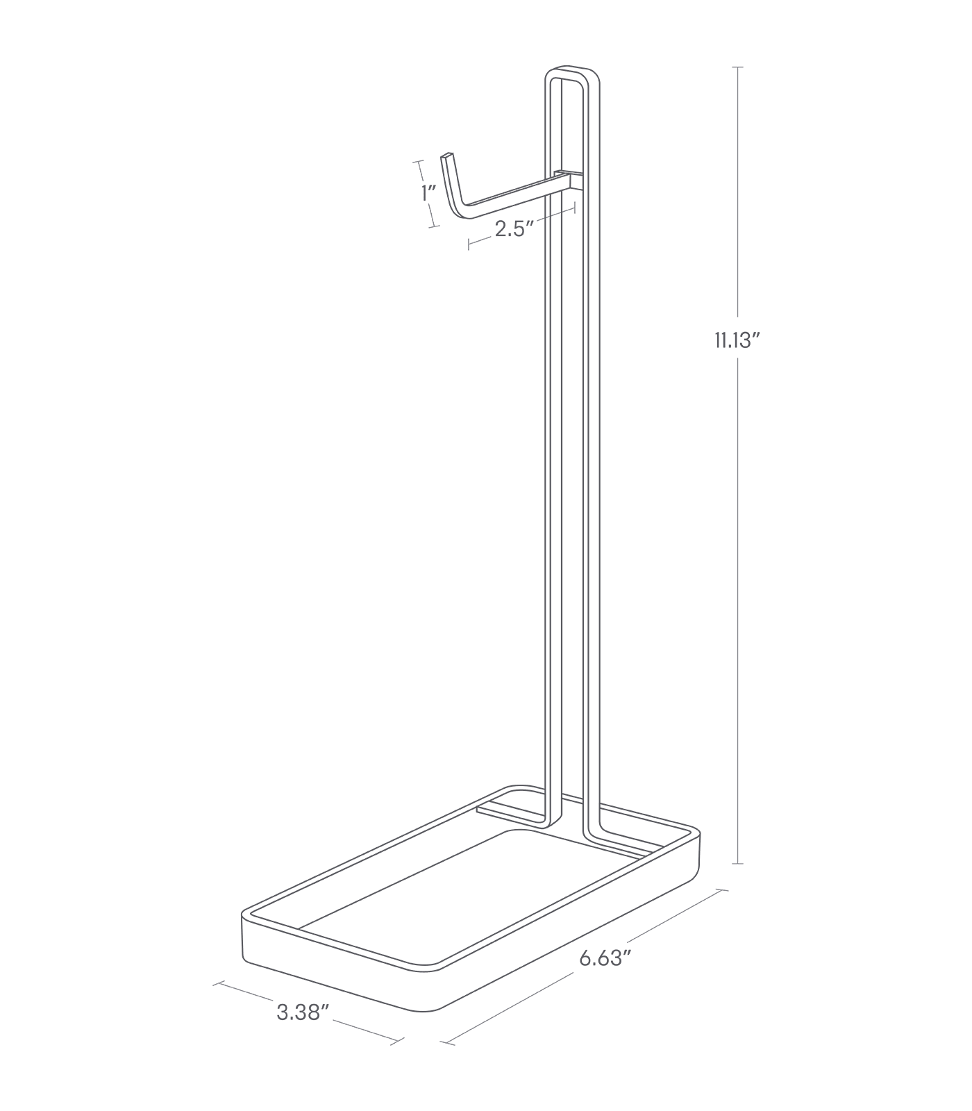 Dimension image for Banana Hanger showing height of 11.13 inches, length of 6.63 inches, width of 3.38 inches and a hook bar height of 1 inch and a hook bar length of 2.5 inches,