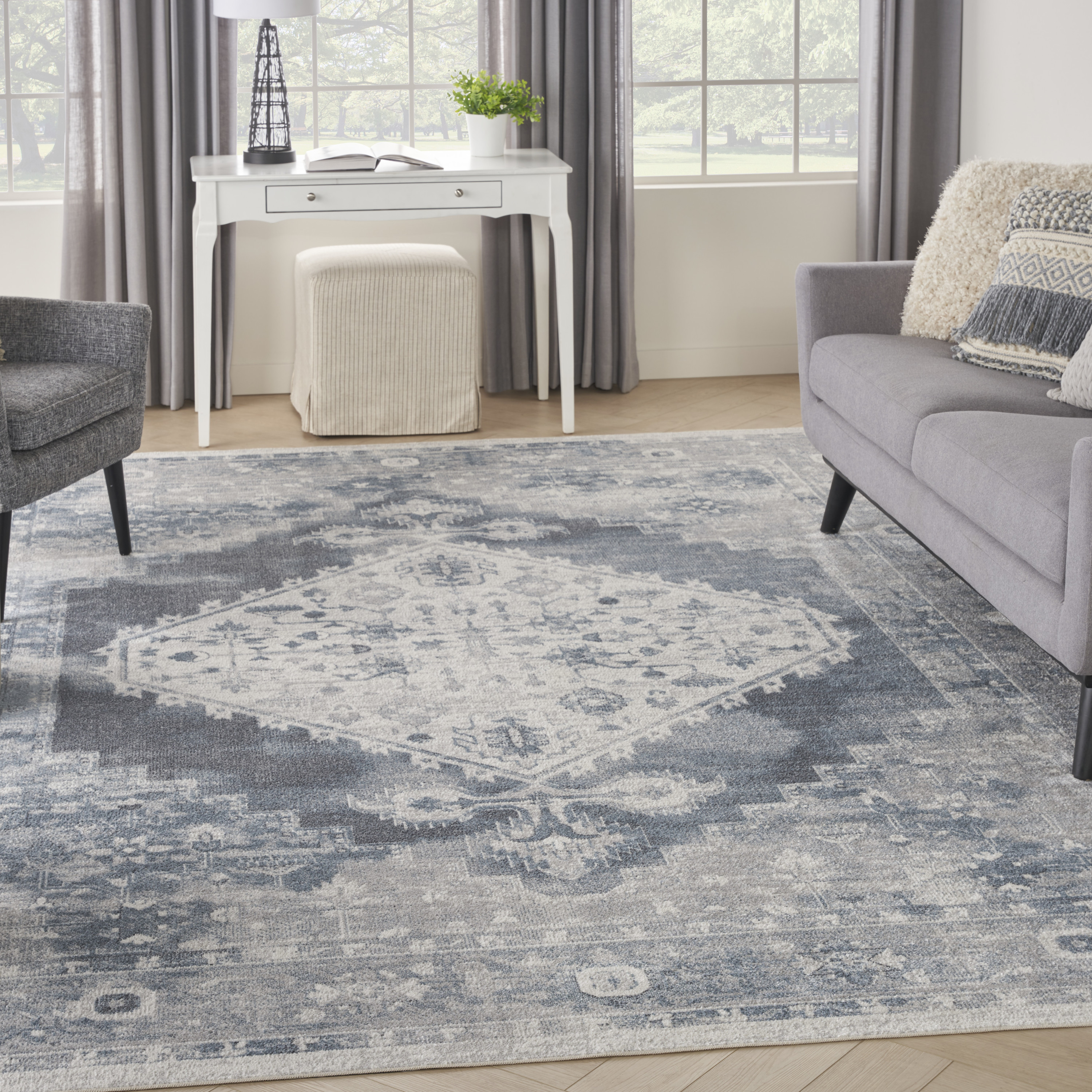 Nourison Astra Machine Washable 9' x 12' Blue Ivory Vintage Indoor Rug