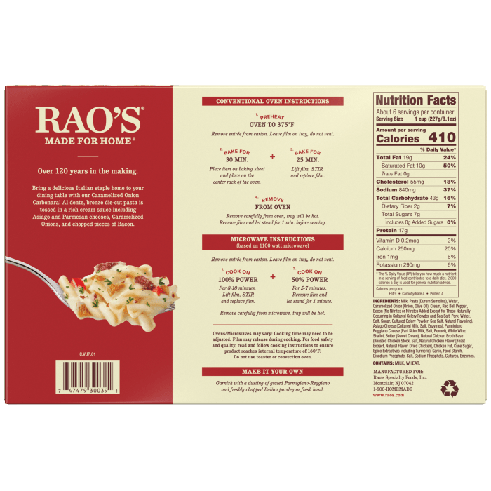 Caramelized Onion Carbonara Frozen Meal, 50 oz - Back Image