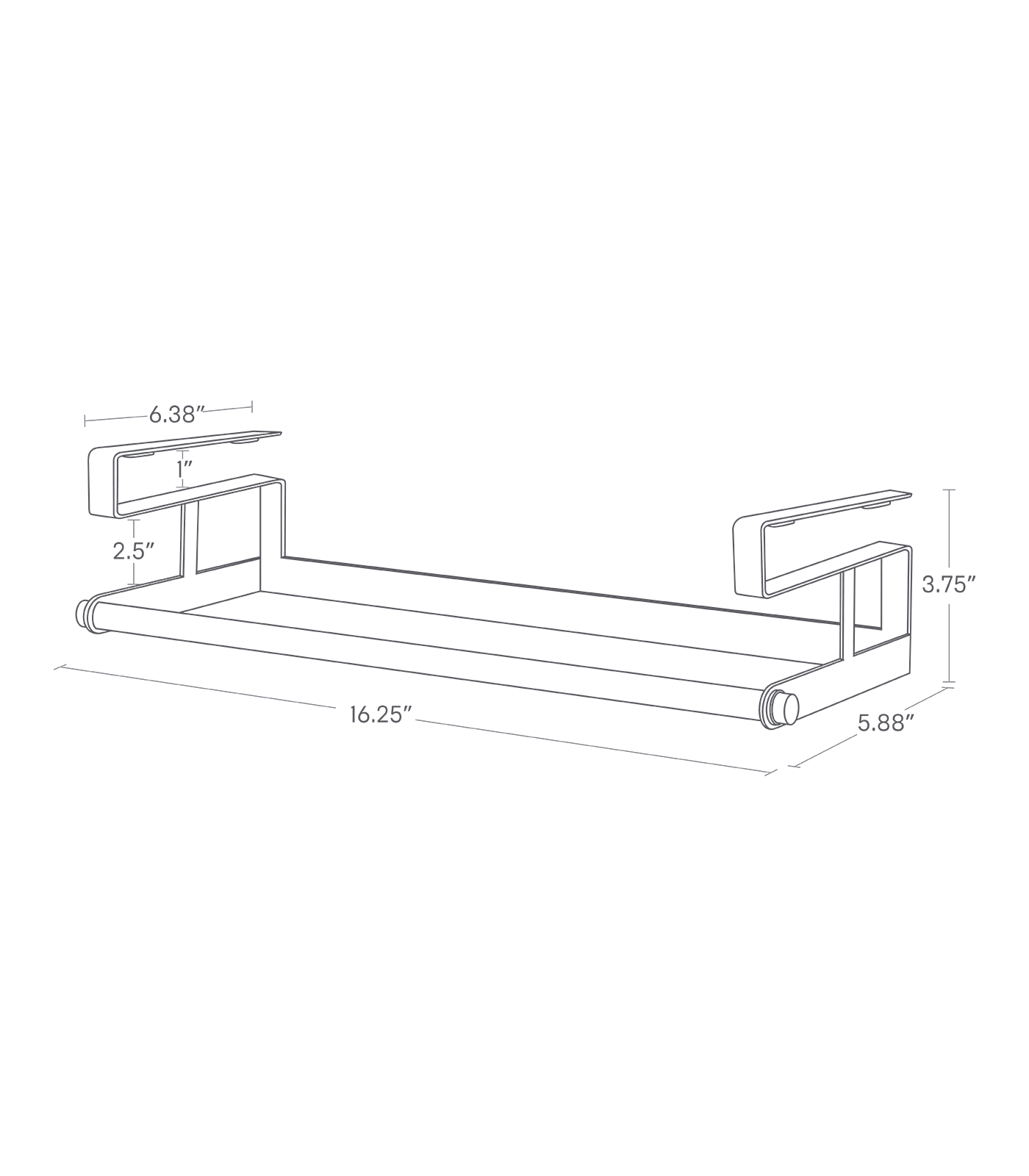 Dimension image for Undershelf Hanger on a white background including dimensions L 6.5 x W 16.54 x H 3.94 inches