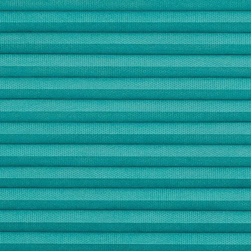Teal fabric pleated blind with horizontal folds, closed and covering the window, concealing any view; close-up shows textured weave and uniform indoor lighting.