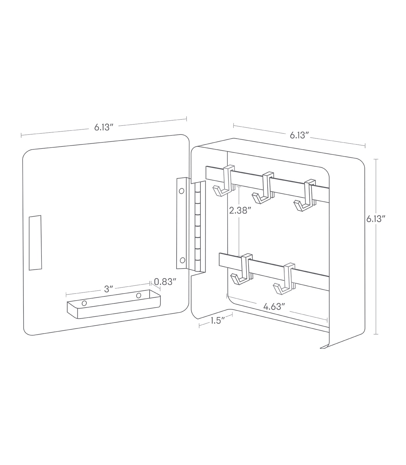 Armoire à clés magnétique RIN. Longueur totale : 6,13 pouces de long, 1,5 pouces de large, 6,13 pouces de haut. Longueur intérieure : 4,63 pouces de long, 1,5 pouces de large.