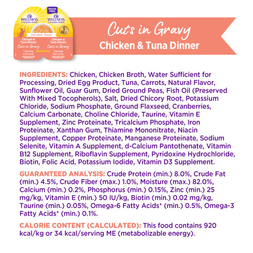 <p>Chicken, Chicken Broth, Water Sufficient for Processing, Dried Egg Product, Tuna, Carrots, Natural Flavor, Sunflower Oil, Guar Gum, Dried Ground Peas, Fish Oil (Preserved With Mixed Tocopherols), Salt, Dried Chicory Root, Potassium Chloride, Sodium Phosphate, Ground Flaxseed, Cranberries, Calcium Carbonate, Choline Chloride, Taurine, Vitamin E Supplement, Zinc Proteinate, Tricalcium Phosphate, Iron Proteinate, Xanthan Gum, Thiamine Mononitrate, Niacin Supplement, Copper Proteinate, Manganese Proteinate, Sodium Selenite, Vitamin A Supplement, d-Calcium Pantothenate, Vitamin B12 Supplement, Riboflavin Supplement, Pyridoxine Hydrochloride, Biotin, Folic Acid, Potassium Iodide, Vitamin D3 Supplement.</p>
