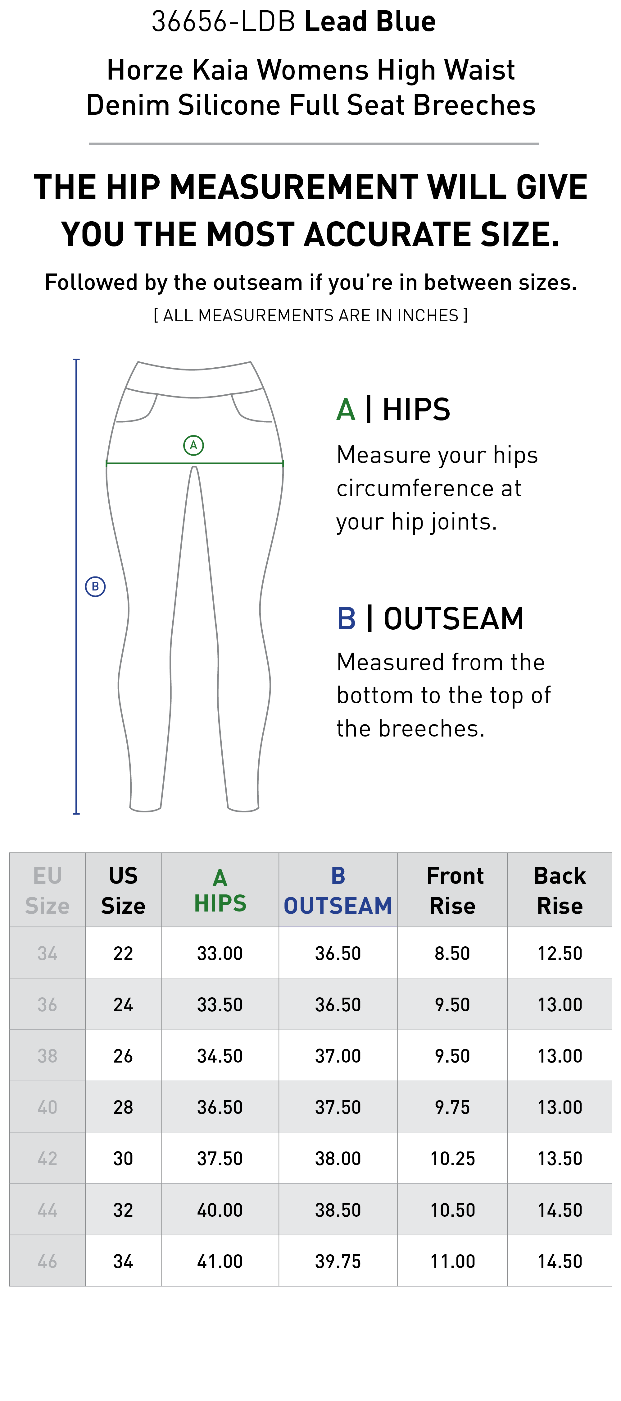 Size chart for Horze Kaia Womens High Waist Denim Silicone Full Seat Breeches - Lead Blue