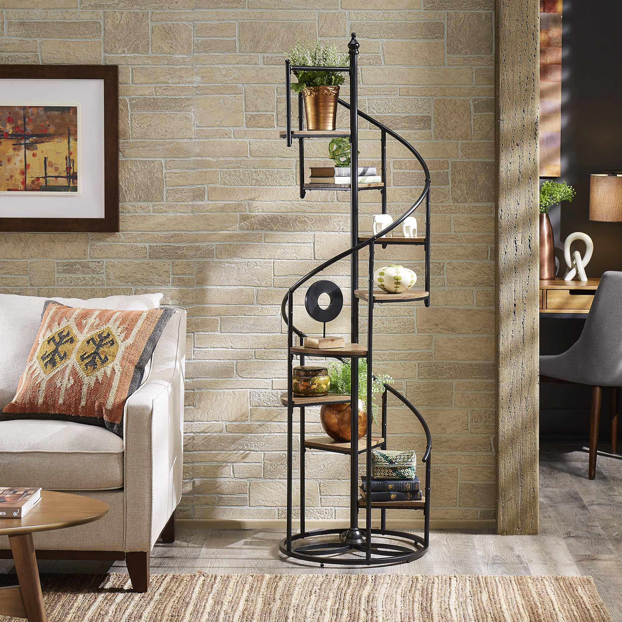 Black Finish Metal Spiral Staircase Display Shelf