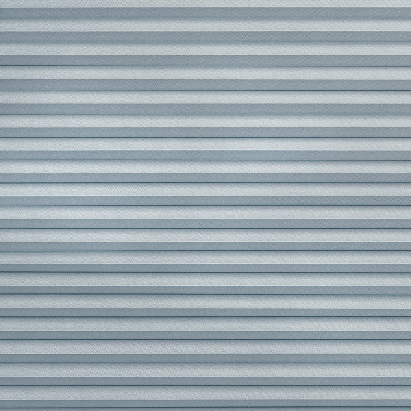 Horizontal pleated fabric blinds covering the entire window, closed in even light-blue-gray folds; filtering and diffusing daylight; interior setting with soft, uniform ambient lighting and no visible view.