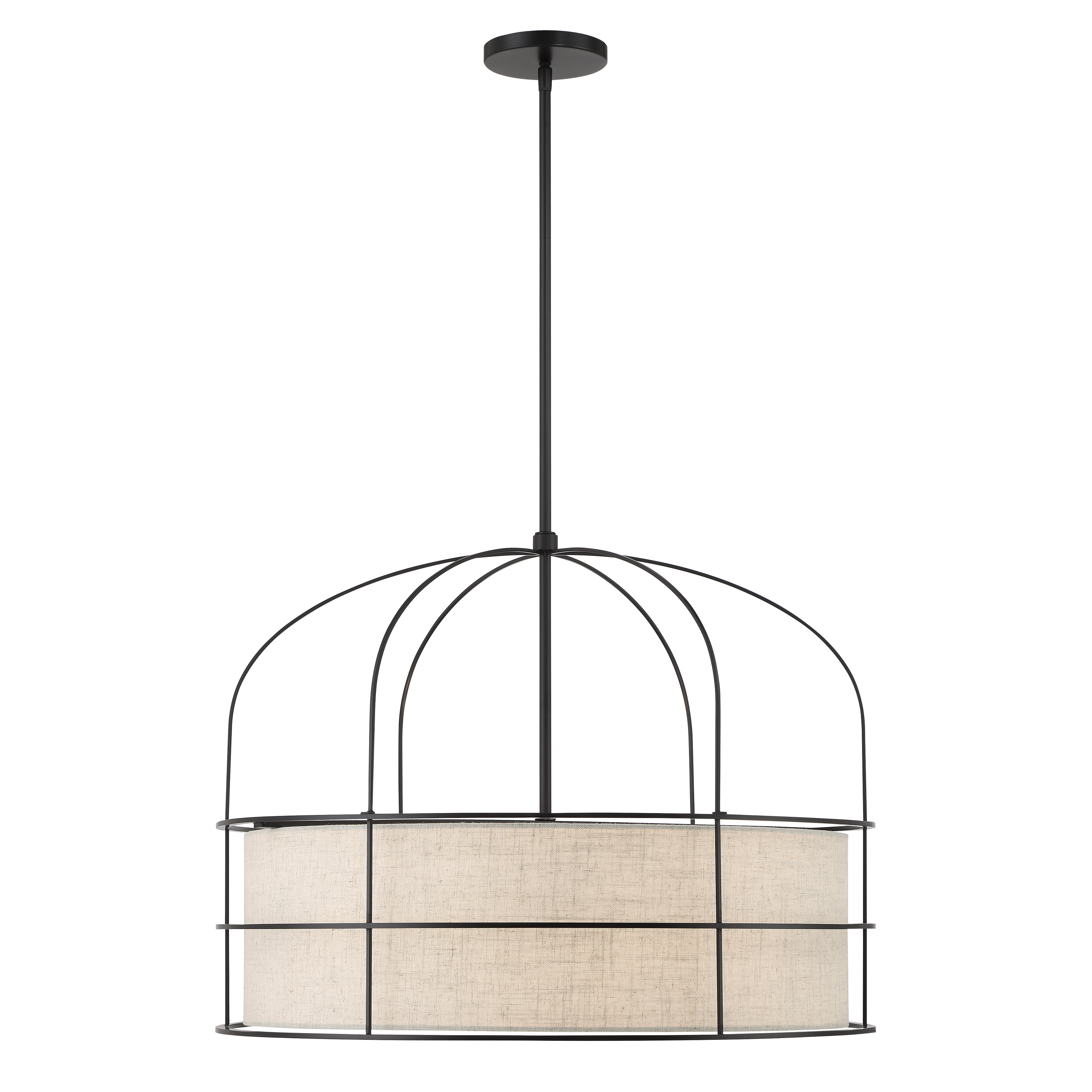 The Gateway Park pendant combines industrial coal black steel with soft oatmeal linen shades, creating a sophisticated focal point. Six candelabra bulbs provide ample illumination while the fabric shades diffuse light beautifully. - alternate view