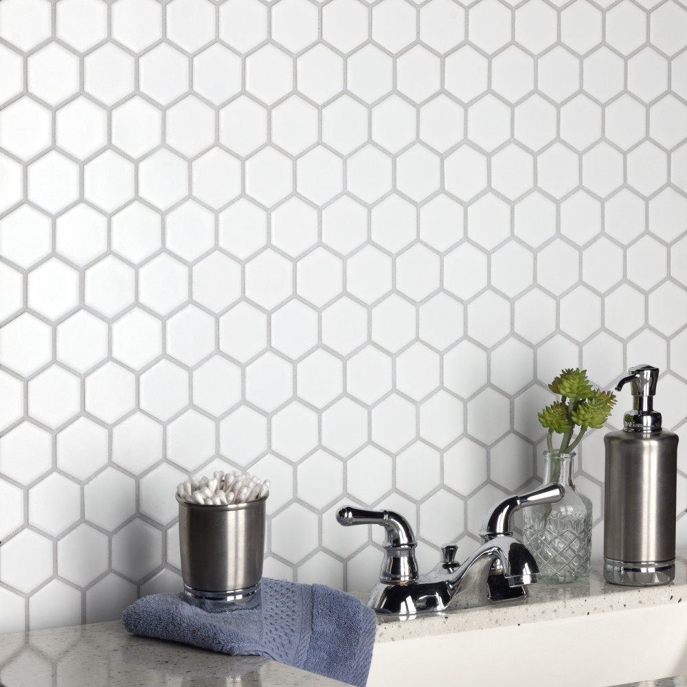 Sample – Hudson Due 2″ Hex Matte White Porcelain Mosaic Tile