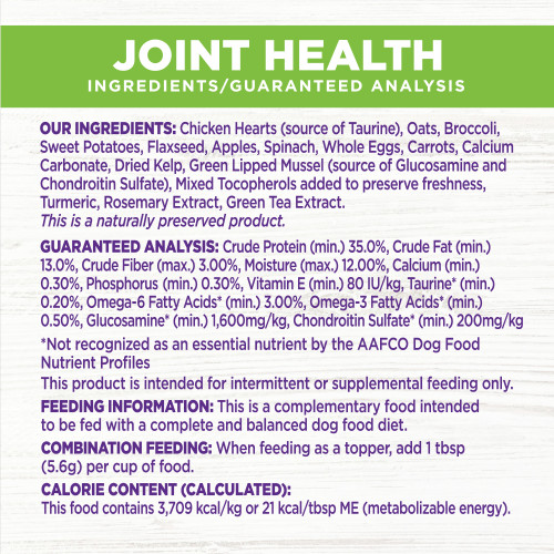 <p>This is a complementary food intended to be fed with a complete and balanced dog food diet.<br />
Combination Feeding: When feeding as a topper, add 1 tbsp (5.6g) per cup of food.</p>
