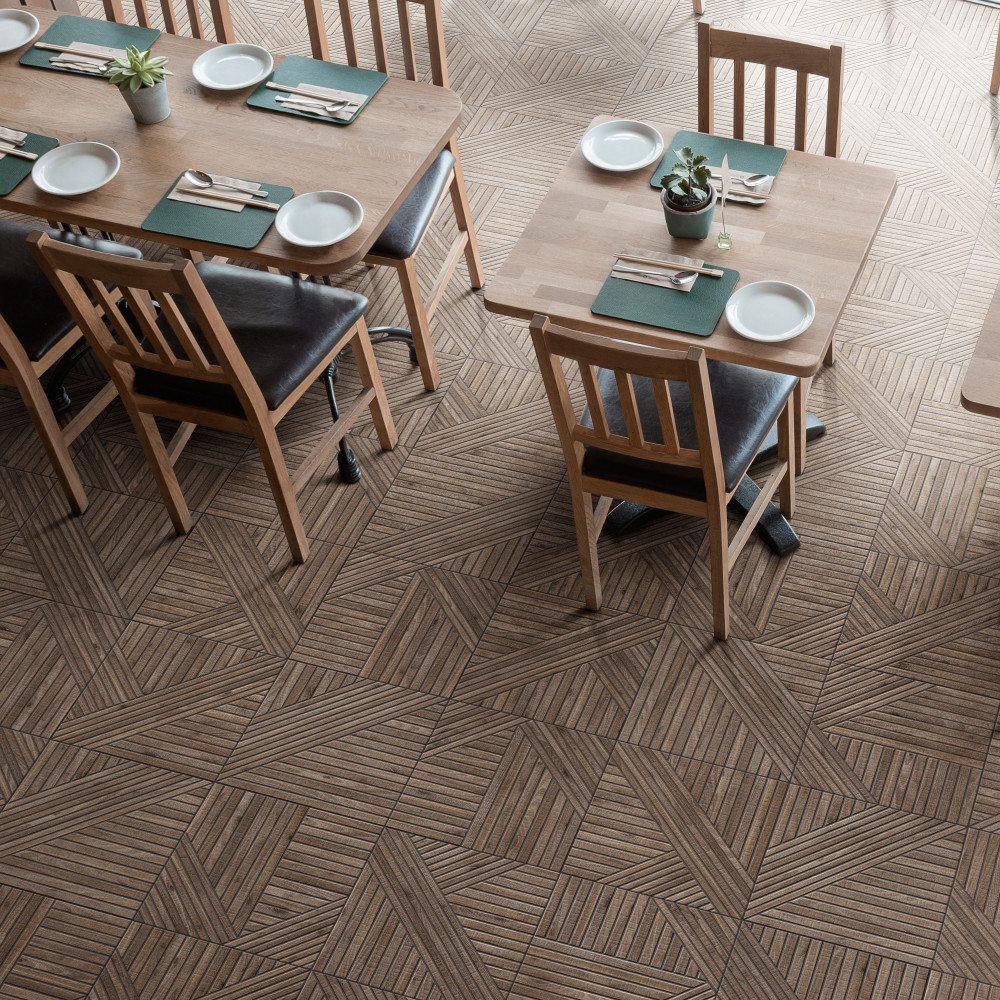 Tangram Wood Walnut 17-3/8 in. x 17-3/8 in. Porcelain Floor and Wall Tile