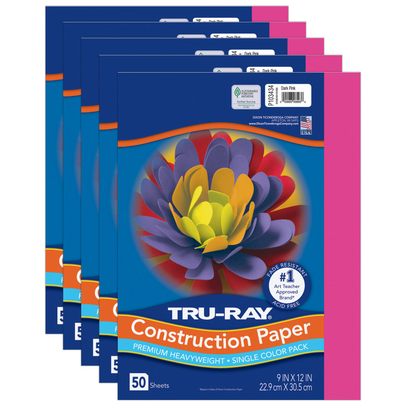 Construction Paper, Heavyweight, Dark Pink, 9" x 12", 50 Sheets Per Pack, 5 Packs