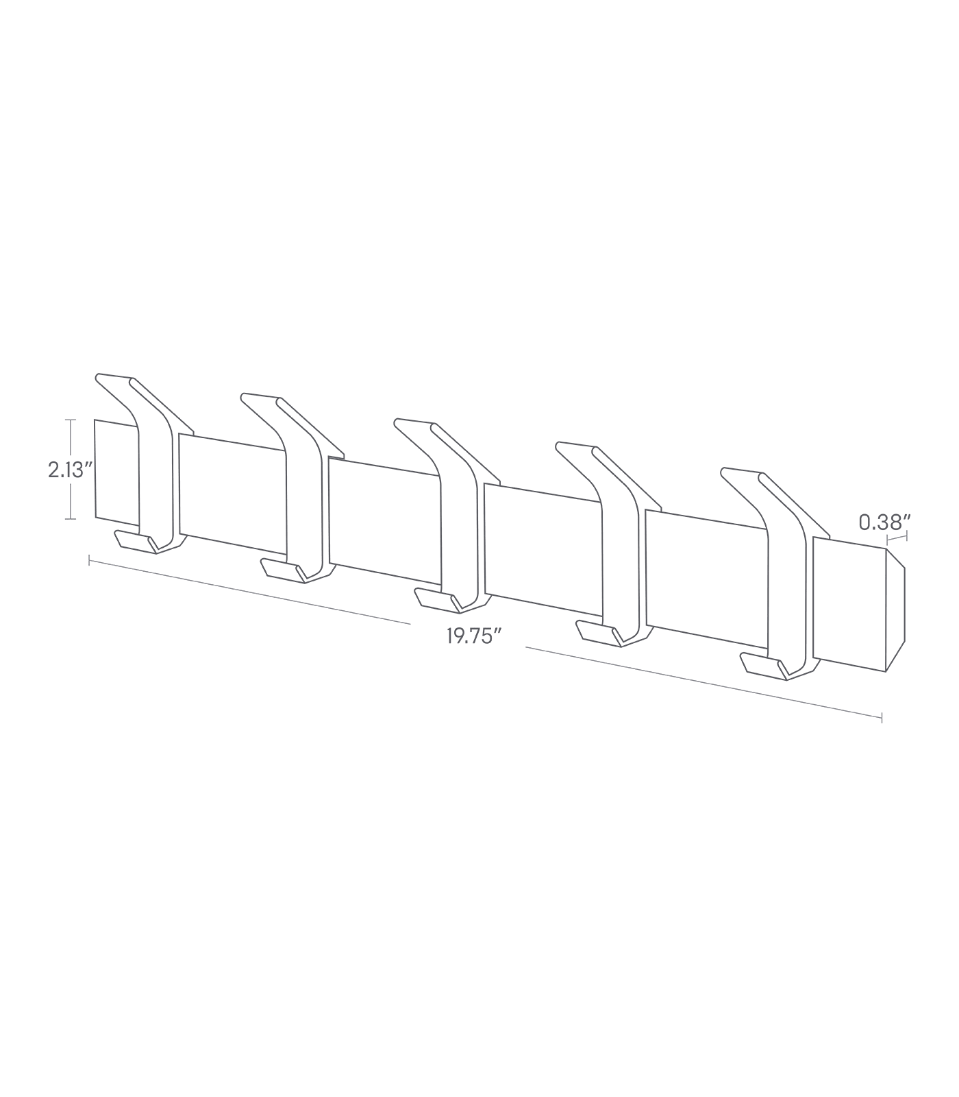 Dimenision image for Wall-Mounted Coat Rackon a white background showing total width of 19.75 inches, length of the wood bar 0.38 inches, height of the wood bar 2.13 inches.