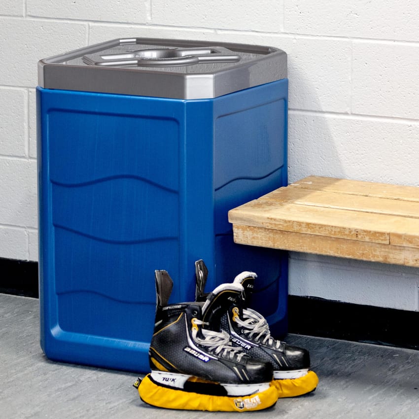 100% PCR recycling bin with pewter finish mixed opening lid in a hockey dressing room