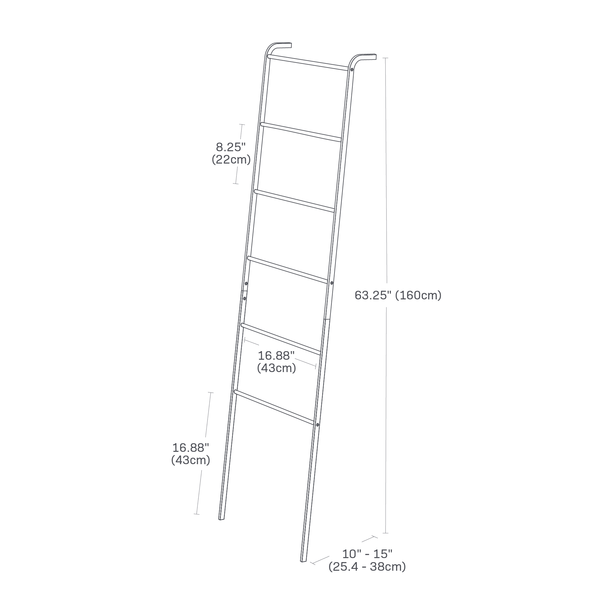 Image dimensionnelle pour une échelle de rangement inclinable sur fond blanc montrant une hauteur de 63,25 po, une distance entre le mur et le bas de l