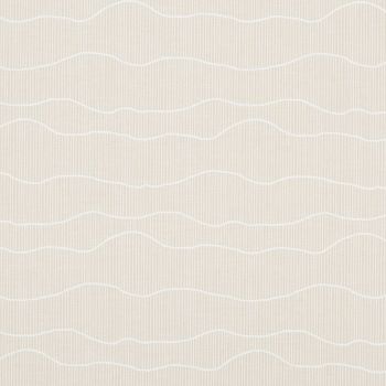 Beige wallpaper with fine vertical pinstripes and irregular white wavy horizontal lines; lying flat as a continuous pattern; softly lit neutral interior wall backdrop.