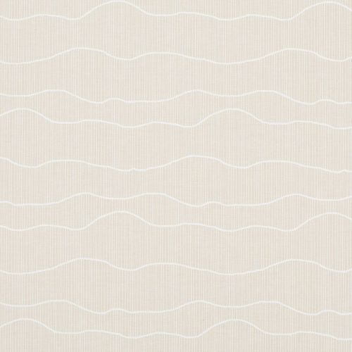 Beige wallpaper with fine vertical pinstripes and irregular white wavy horizontal lines; lying flat as a continuous pattern; softly lit neutral interior wall backdrop.