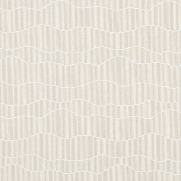 Beige wallpaper with fine vertical pinstripes and irregular white wavy horizontal lines; lying flat as a continuous pattern; softly lit neutral interior wall backdrop.