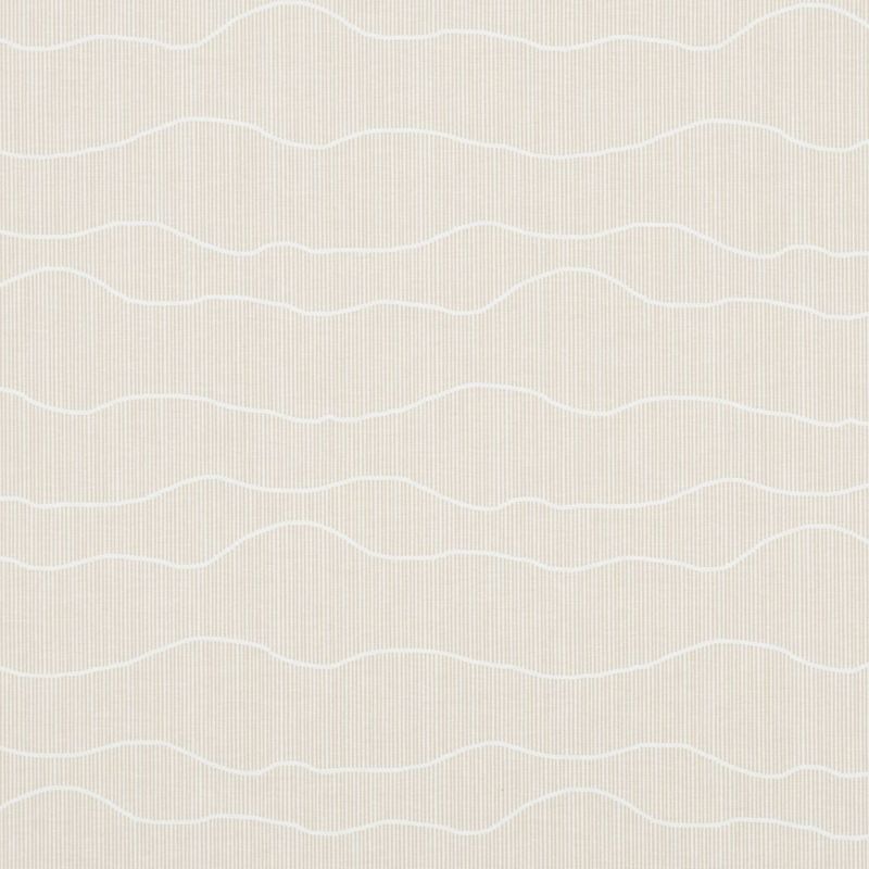 Beige wallpaper with fine vertical pinstripes and irregular white wavy horizontal lines; lying flat as a continuous pattern; softly lit neutral interior wall backdrop.