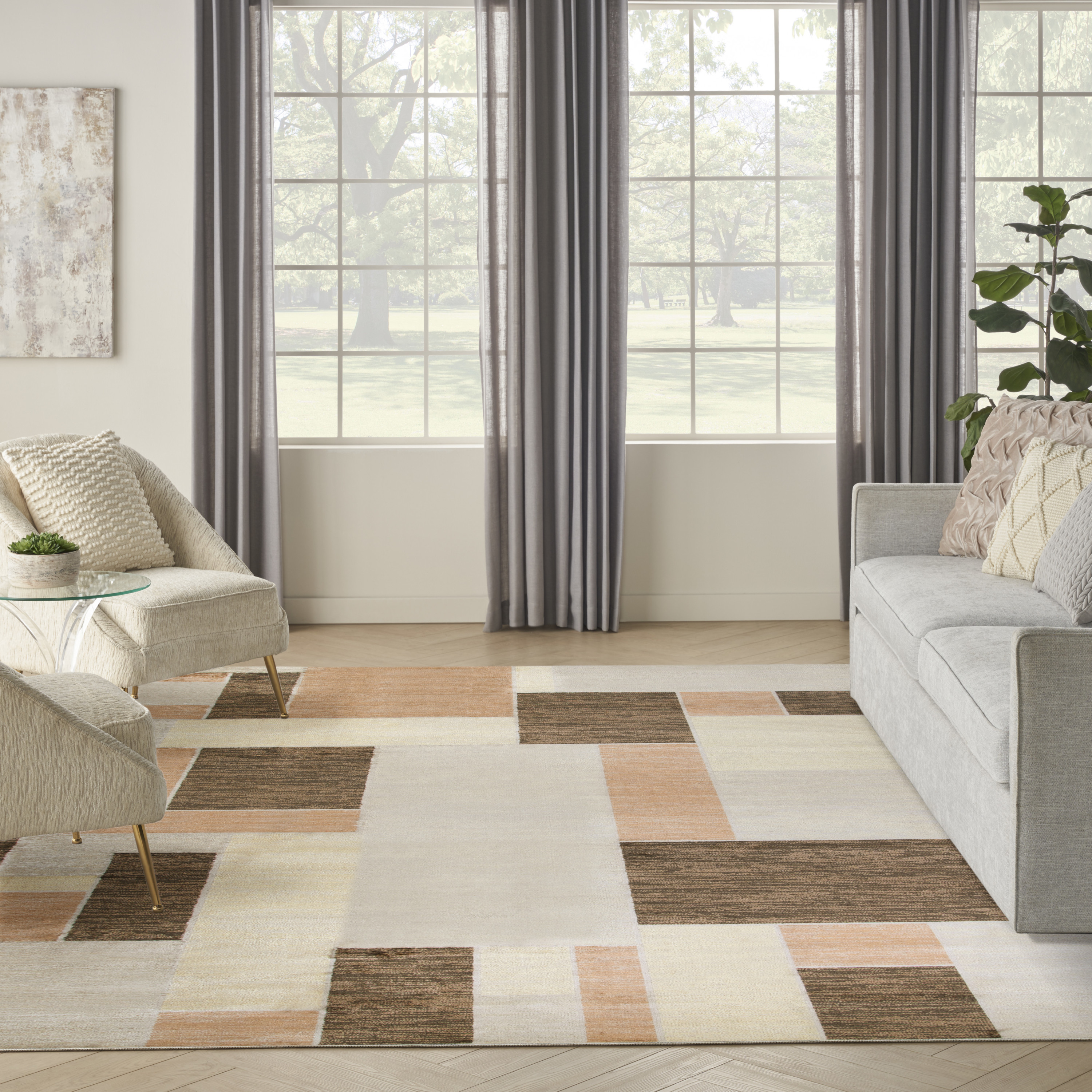 Nourison Astra Machine Washable 6'7" x 9' Beige Multicolor Modern Indoor Rug