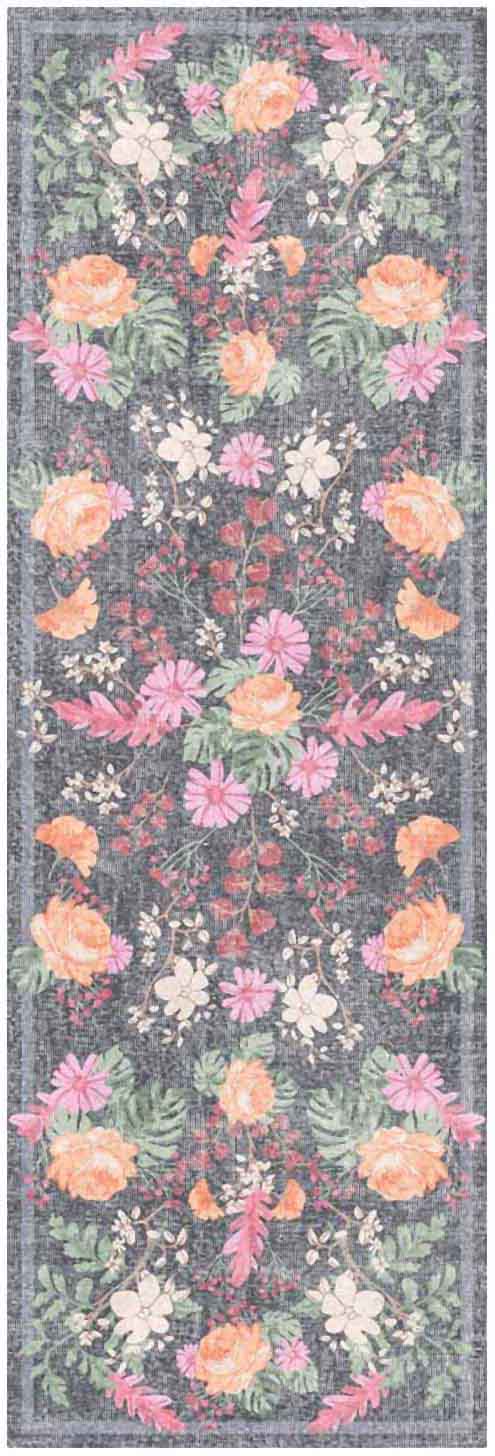 Nourison Botanical Washables 2' x 6' Charcoal Multicolor Farmhouse Indoor Rug