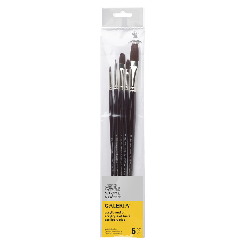 Galeria Acrylic Brushes, Long Handle, Set of 5 (Round 2, Round 6, Flat 4, Flat 14, Filbert 8)