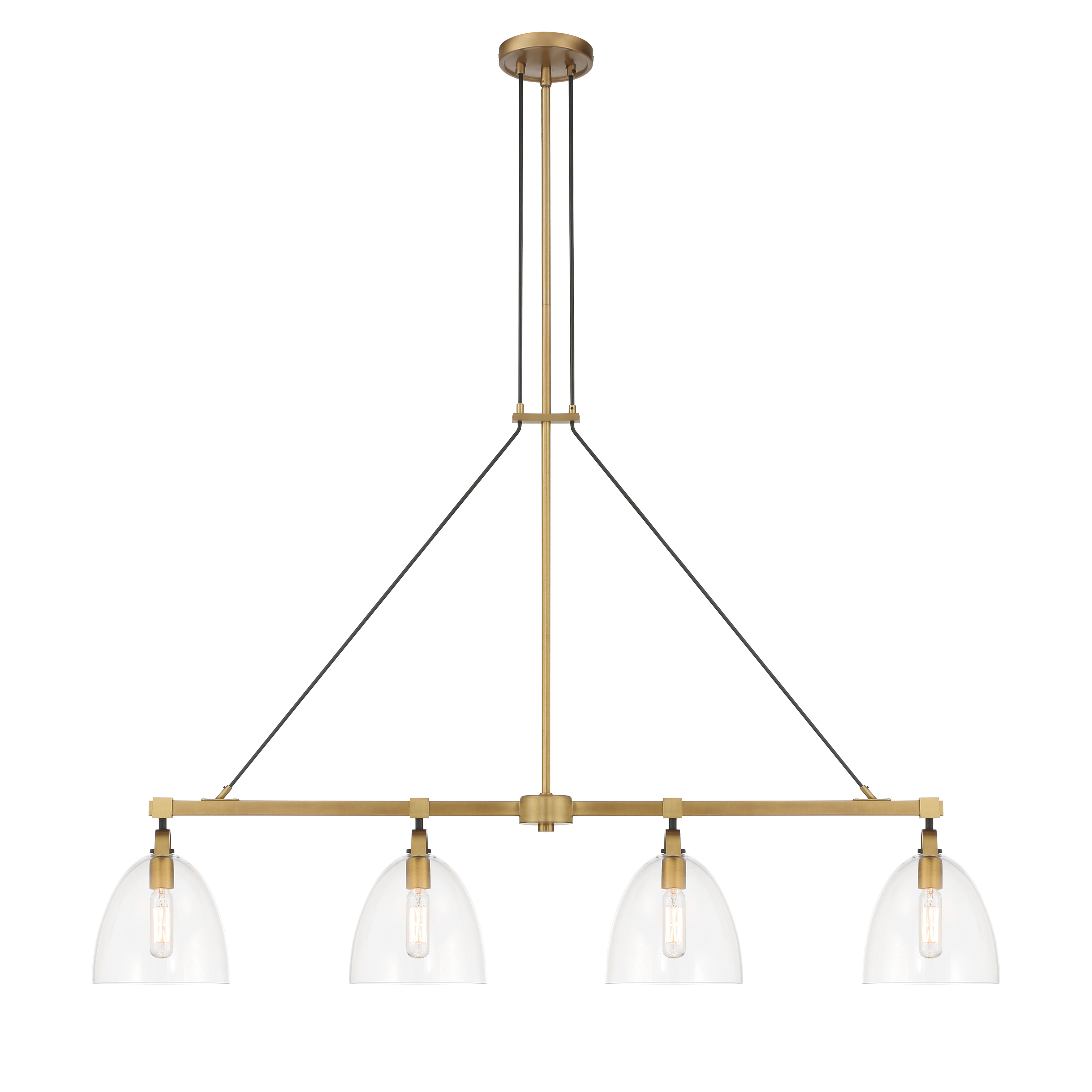 The Sommersby 46" island light combines Legacy Brass and Matte Black finishes with clear glass shades for a sophisticated transitional look. Perfect for kitchen islands and dining tables, this 4-light fixture provides ample illumination while making a bold design statement. - alternate view