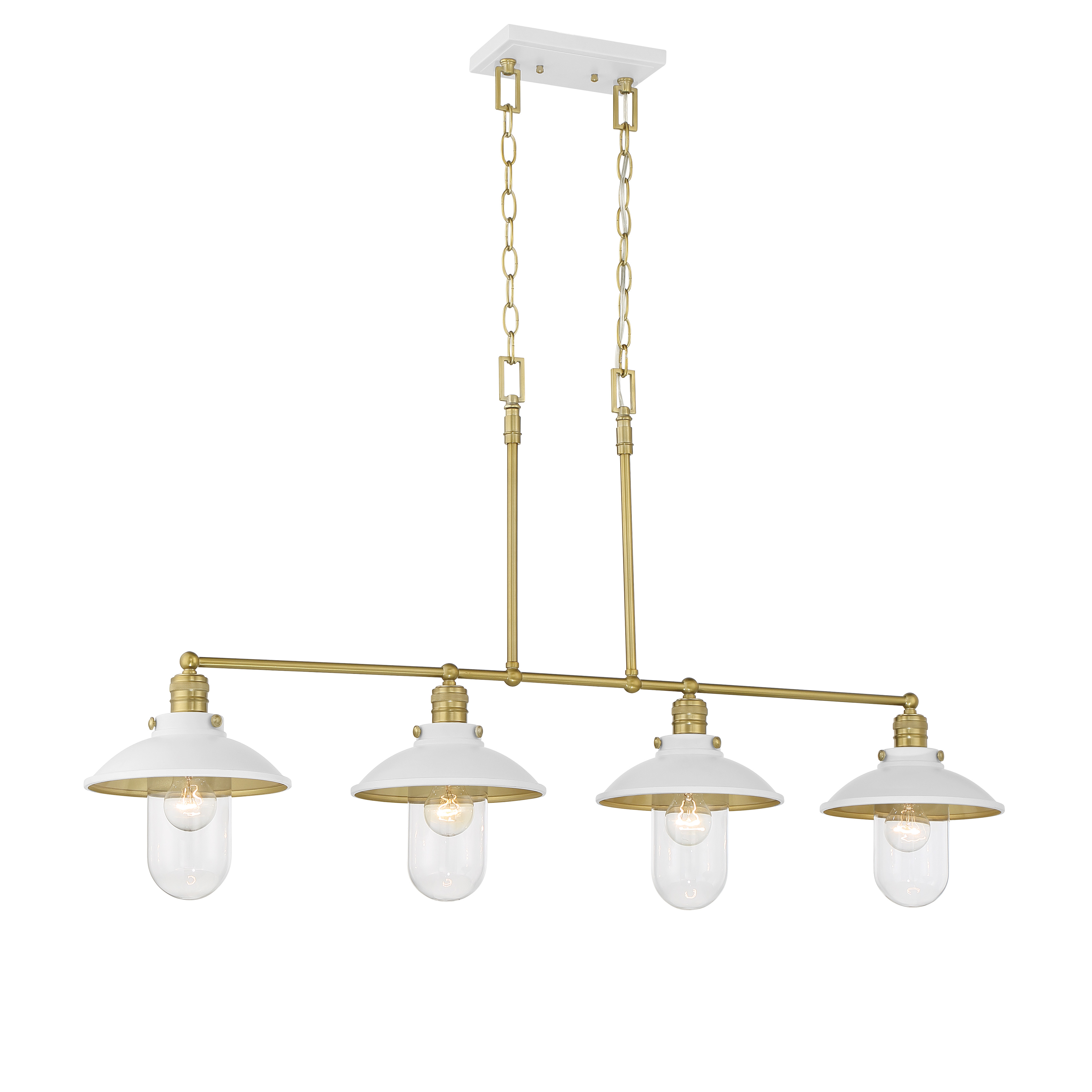 The Downtown Edison brings vintage-inspired Edison bulb style to contemporary spaces with its clean white and soft brass finish. Perfect for kitchen islands and dining areas, this 4-light fixture balances industrial character with refined transitional design. - alternate view