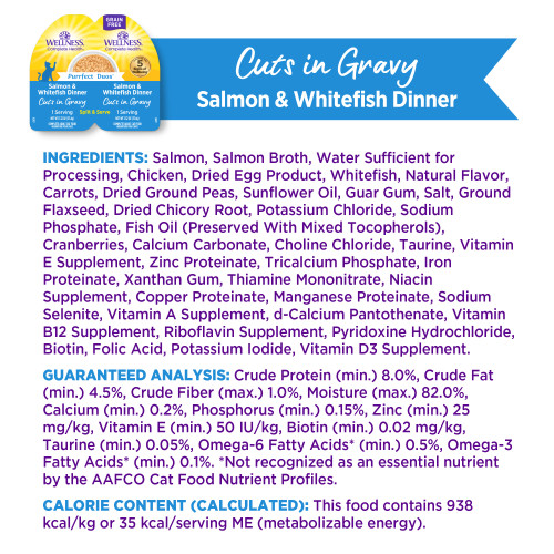 <p>Salmon, Salmon Broth, Water Sufficient for Processing, Chicken, Dried Egg Product, Whitefish, Natural Flavor, Carrots, Dried Ground Peas, Sunflower Oil, Guar Gum, Salt, Ground Flaxseed, Dried Chicory Root, Potassium Chloride, Sodium Phosphate, Fish Oil (Preserved With Mixed Tocopherols), Cranberries, Calcium Carbonate, Choline Chloride, Taurine, Vitamin E Supplement, Zinc Proteinate, Tricalcium Phosphate, Iron Proteinate, Xanthan Gum, Thiamine Mononitrate, Niacin Supplement, Copper Proteinate, Manganese Proteinate, Sodium Selenite, Vitamin A Supplement, d-Calcium Pantothenate, Vitamin B12 Supplement, Riboflavin Supplement, Pyridoxine Hydrochloride, Biotin, Folic Acid, Potassium Iodide, Vitamin D3 Supplement.</p>
